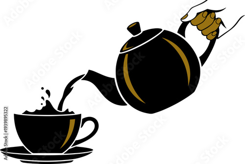 Black Teapot Pouring Tea into Cup.