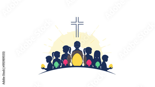 Group of People Standing Together with Cross.