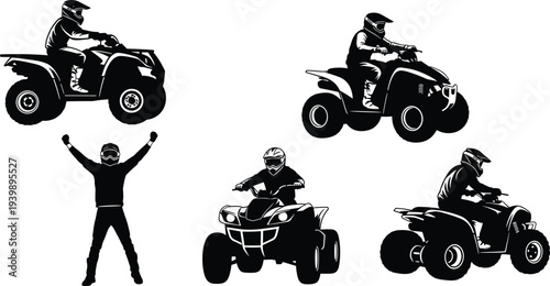 Set of silhouette vector illustrations featuring quad bike riders performing stunts and racing on all terrain vehicles isolated on white