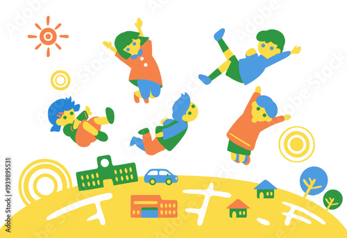 街と楽しそうにジャンプする子どもたち