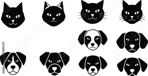Cat and dog head silhouettes collection with different pet breeds, black animal face icons isolated vector illustration set