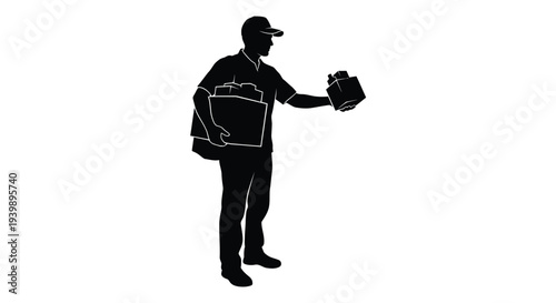 Professional delivery person in uniform diligently carrying multiple parcels and presenting a single package, symbolizing efficient shipping and logistics services.