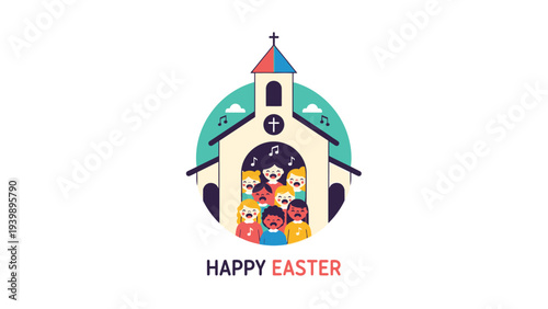 Easter Church Illustration with Easter Eggs Inside.