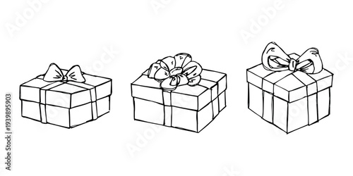 Set of hand drawn present box with ribbons Birthday present clipart Christmas gift Holiday doodle For design, print, web, decor, greeting card, sale