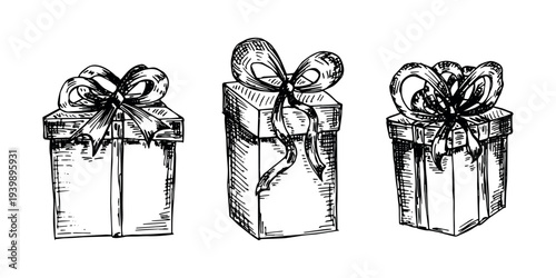 Set of hand drawn present box with ribbons Birthday present clipart Christmas gift Holiday doodle For design, print, web, decor, greeting card, sale