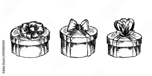 Set of hand drawn present box with ribbons Birthday present clipart Christmas gift Holiday doodle For design, print, web, decor, greeting card, sale