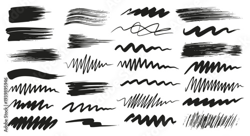 Black brush strokes collection of hand drawn ink scribbles and textured paint marks isolated on white background