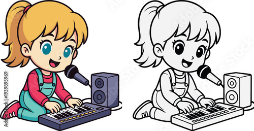 Cute cartoon girl playing electronic keyboard with microphone and speaker, child musician singing and making music, kids music education vector illustration isolated on white background