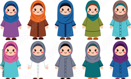 Cute Muslim girl characters wearing colorful hijab and modest dresses, diverse Islamic children cartoon set, flat vector illustration isolated on white background