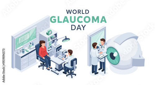 Medical professionals observe World Glaucoma Day with eye exam and patient consultation in a clinic setting.