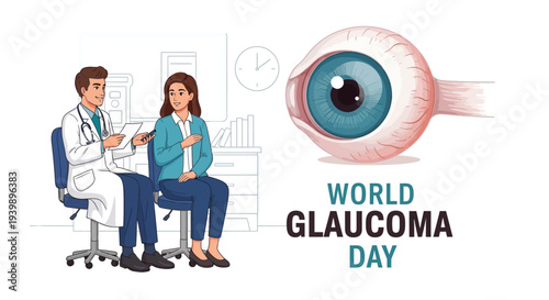 Doctor and patient observe a model of the eye on World Glaucoma Day for glaucoma awareness and eye health.