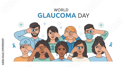 People of different ages and ethnicities cover their eyes for World Glaucoma Day to promote glaucoma awareness and eye health awareness.