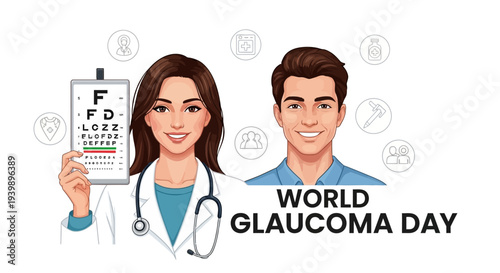 Illustration of people supporting World Glaucoma Day for glaucoma awareness and eye health awareness.