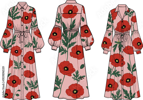 Elegant long sleeve floral maxi dress with red poppy pattern, belted waist women fashion garment front and back view vector illustration clothing design template