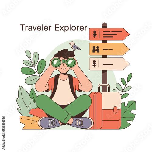 Traveler explorer with binoculars and luggage