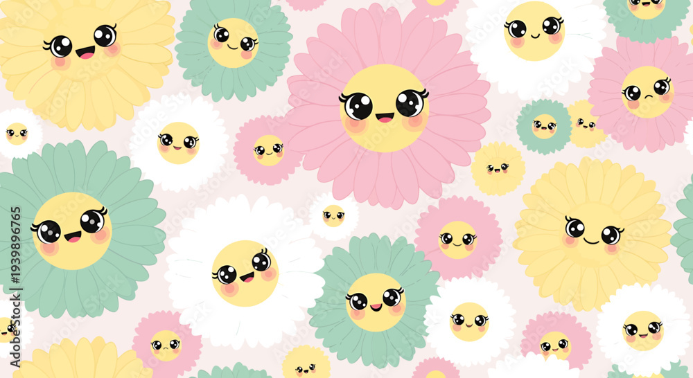 Fototapeta premium Cute Kawaii Flowers Seamless Pattern, Adorable Floral Characters with Happy Faces, Pastel Colors