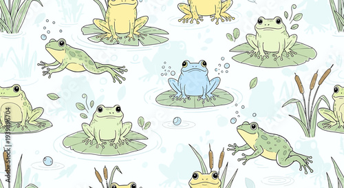 Cute Frog Pattern Seamless Illustration: Amphibians in Pond, Nature, Kawaii Style