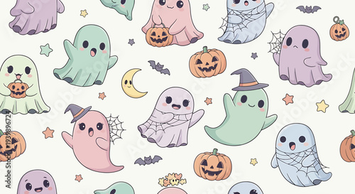 Cute Halloween Ghosts and Pumpkins Seamless Pattern, Kawaii Spooky Characters, Pastel Colors