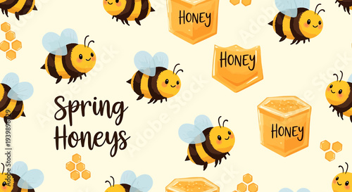 Cute Honey Bees and Honey Jars Seamless Pattern, Spring Honey Theme