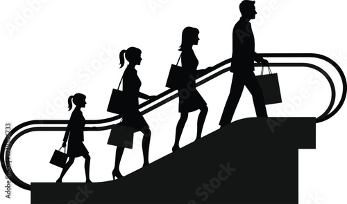 Family silhouette riding escalator in shopping mall, parents and children carrying shopping bags, retail sale concept, consumer lifestyle illustration isolated on white background
