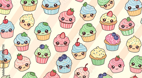 Cute Kawaii Cupcakes Pattern, Adorable Dessert Characters, Sweet Food Background