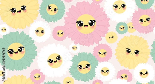 Cute Kawaii Flowers Seamless Pattern, Adorable Floral Characters with Happy Faces, Pastel Colors