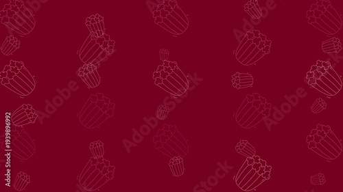 Food doodle pattern handdrawn popcorn buckets with a whimsical design on a maroon backdrop for packaging or kitchen decor.