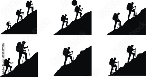 Silhouette hikers climbing mountain slope with backpacks, teamwork, helping each other, outdoor adventure, perseverance, mountaineering challenge, nature exploration vector illustration.