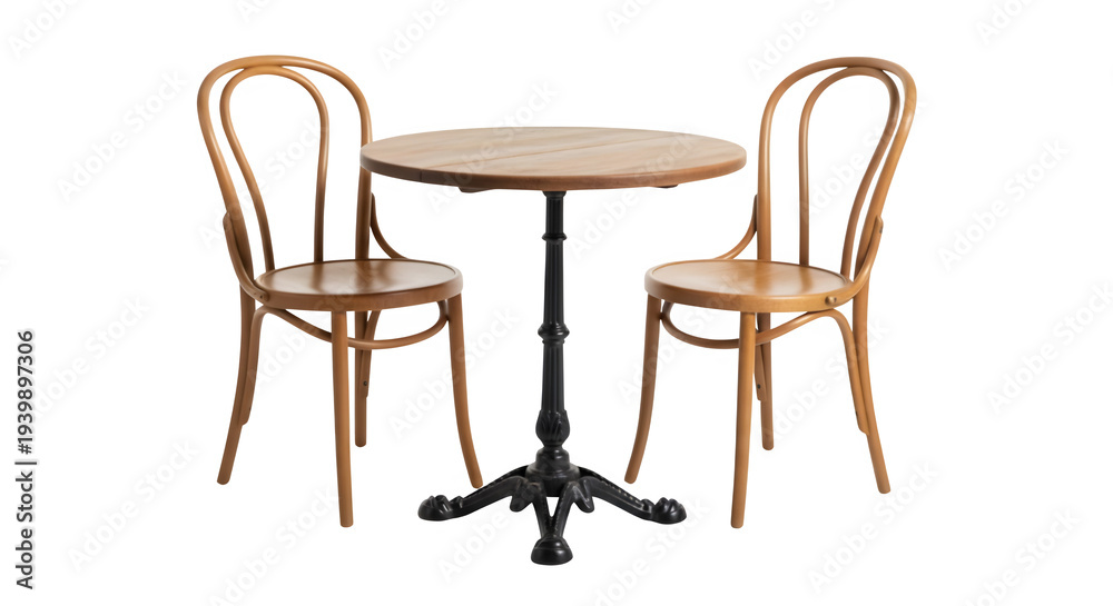 Fototapeta premium Modern wooden table and chairs in cozy cafe setting