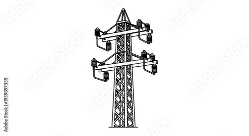 Detailed black and white sketch of a tall industrial electricity transmission tower