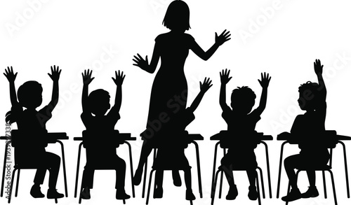 Silhouette of a female teacher standing in front of diverse primary school students sitting at desks with raised hands in classroom