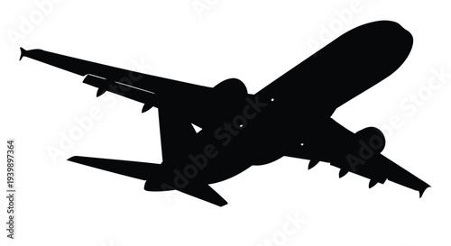 Silhouette of a commercial airplane in flight against a plain white background