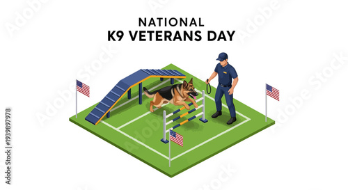Illustration of a military working dog and handler on an obstacle course for National K9 Veterans Day 2026.