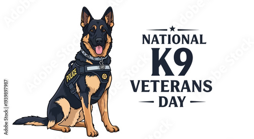 Tableau sur toile Illustration of a German Shepherd dog wearing a vest for National K9 Veterans Da