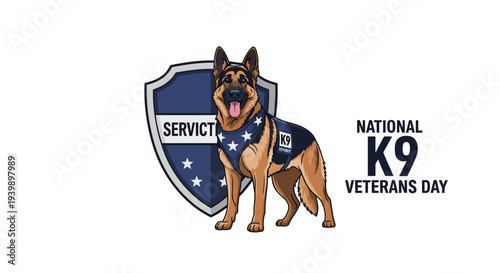 A German Shepherd dog wearing a service vest stands proudly in front of a shield on National K9 Veterans Day.