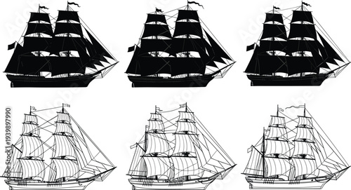 Vintage sailing ship vector illustration set with silhouettes and detailed line drawings, tall vessels with sails, rigging, nautical maritime artwork