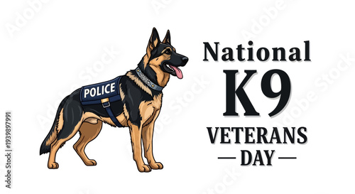 A German Shepherd dog wearing a police vest stands proudly on National K9 Veterans Day.