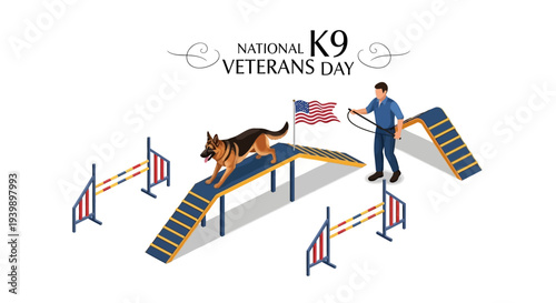 A German Shepherd dog and its handler navigate an obstacle course on National K9 Veterans Day.