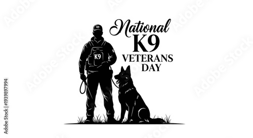 Black silhouette of a police officer and military working dog on National K9 Veterans Day.