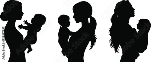 Motherhood silhouette vector illustration of women holding babies, nurturing care concept, parent child bonding artwork, maternal love family design