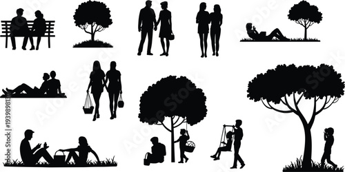 Park silhouette illustration showing couples, families, children, and individuals relaxing outdoors, reading, walking, swinging, and enjoying nature leisure activities.