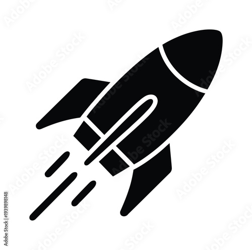 Vector graphic of a black rocket ship blasting off into the air quickly upwards