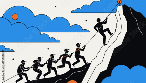 Teamwork makes the dream work with people climbing mountain together