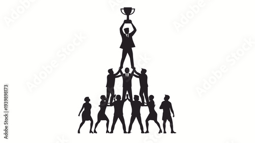 Business team celebrating success with trophy in modern silhouette