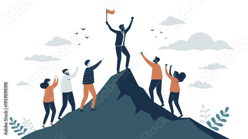 Diverse team celebrating success on mountain peak with flag