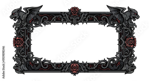Gothic Frame with Gargoyles and Roses, Dark Fantasy Border Design