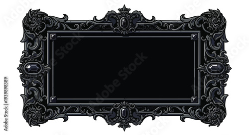 Ornate Black Rectangular Frame with Decorative Embellishments and Jewels