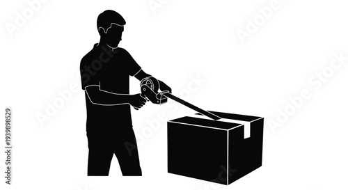 A person's silhouette precisely packaging a cardboard box using a handheld tape dispenser, preparing it for secure shipment or organized storage.