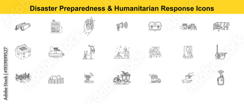 An illustrative icons set for disaster preparedness and humanitarian response, designed in clean lines and a clear graphic style.
