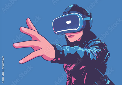 A person reaches out while wearing a virtual reality headset, engaging with a digital space. The background is bright and colorful.